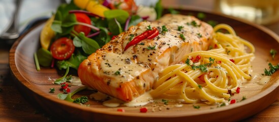 Delicious plate of pasta with succulent salmon and fresh assorted vegetables in creamy sauce