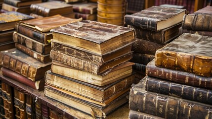 Many old books in a book shop or library.