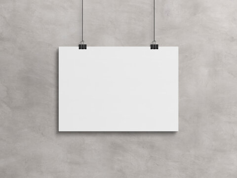 Blank horizontal poster hanging with clips on a concrete wall Mockup. 3D rendering