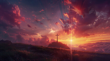 Sacred Crucifix Silhouette Against a Dramatic Sunset Sky Signifying Redemption and Faith - obrazy, fototapety, plakaty