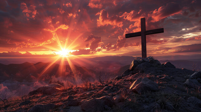 Sacred Crucifix Silhouette Against a Dramatic Sunset Sky Signifying Redemption and Faith