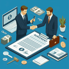 Professional Collaboration: Isolated Isometric View of Two Business Figures in a Contract Agreement Illustration