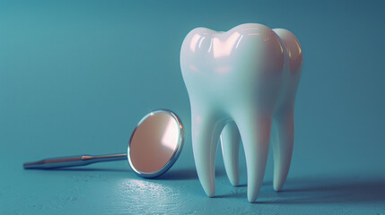 illustration of 3d healthy white tooth and a dentist mirror against a blue background,generative ai