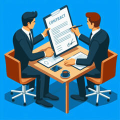 Blue Background Isolation: A Contractual Scene Featuring Two Business Individuals in Isometric View