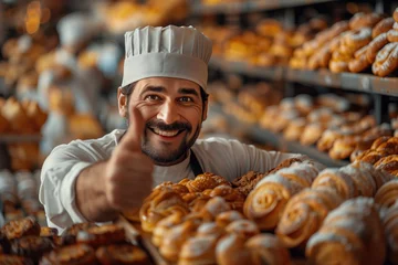  smiling male baker showing thumbs up while working in bakery, focus on foreground © Evgeny