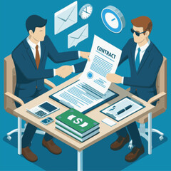 Isometric Contract Agreement: Flat Illustration of Two Business People in a Professional Deal