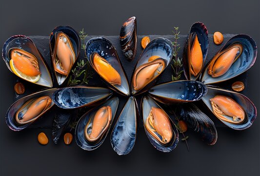 a group of mussels on a black surface