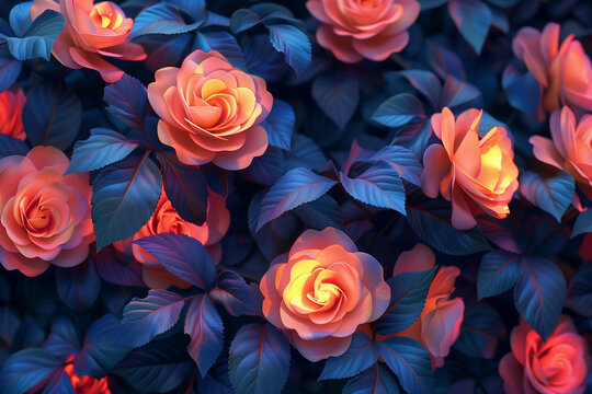 Neon roses on a black background, pattern