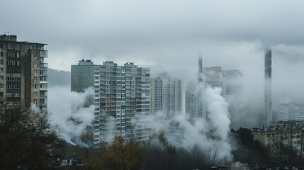 Urban landscape smoked polluted atmosphere from emissions of plants and factories, view of pipes with smoke and residential apartment buildings.