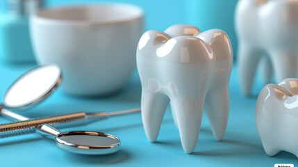 illustration of 3d healthy white tooth and a dentist mirror against a blue background,generative ai