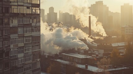 Urban landscape smoked polluted atmosphere from emissions of plants and factories, view of pipes with smoke and residential apartment buildings.