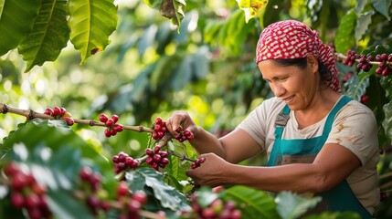 A woman picking a bunch of coffee berries