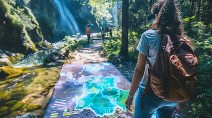 A hiker with a backpack stops to study an educational trail map display, providing insights into...