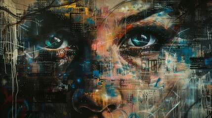 An intricate graffiti artwork on a wall depicts a woman's face blending into an abstract urban landscape, showcasing vibrant colors and expressive lines.
