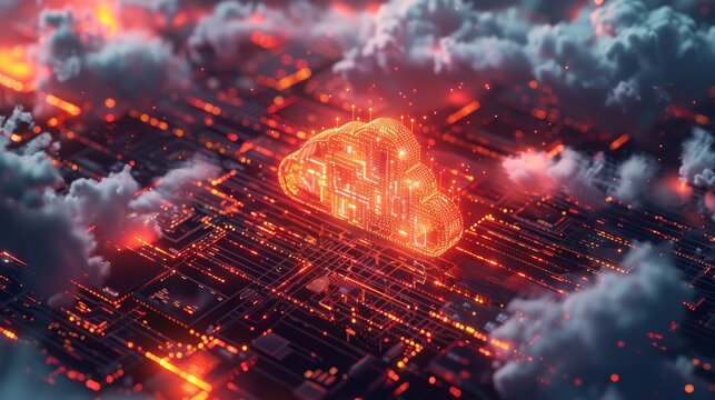 Depict the abstract beauty of cloud computing, where technology networks weave through digital spaces
