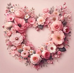 Floral Heart Wreath with Pink Roses and Blossoms on Soft Background