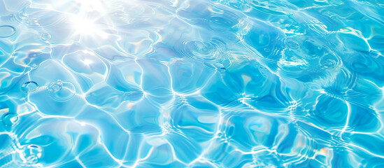 Fototapeta na wymiar Clear blue water background with sunlight reflecting off its surface. Gentle ripples, intricate patterns. Relaxation, wellness, pool party concept.
