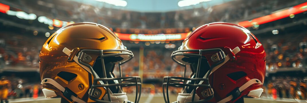two clean football helmets facing each other