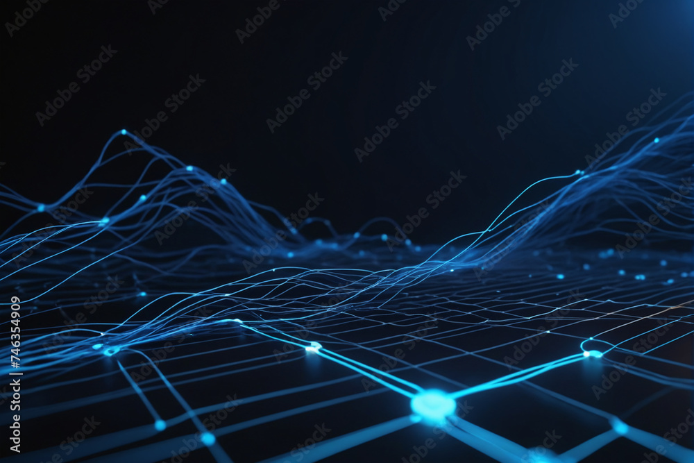 Poster Cyber big data flow. Blockchain blue data fields. Network line connect stream