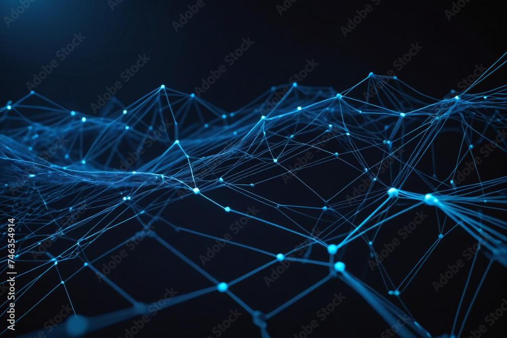 Poster Cyber big data flow. Blockchain blue data fields. Network line connect stream