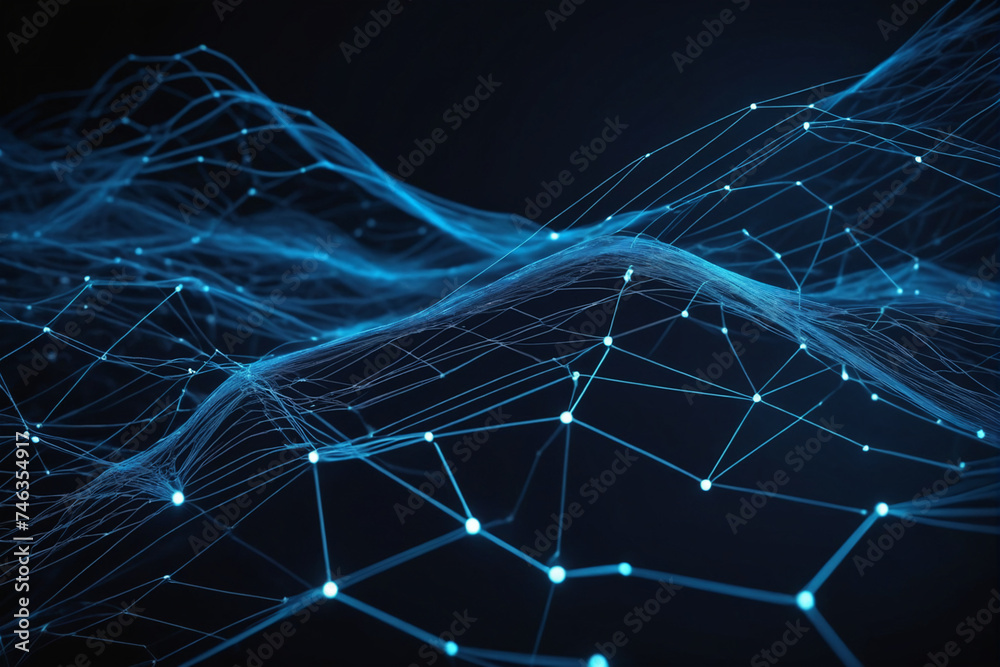 Poster Cyber big data flow. Blockchain blue data fields. Network line connect stream