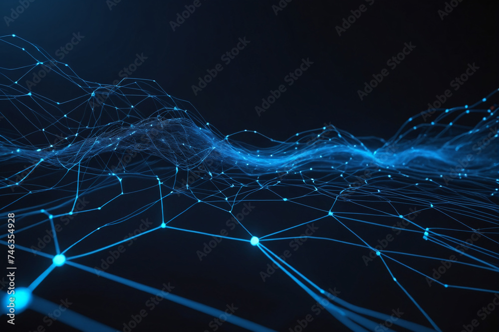 Poster Cyber big data flow. Blockchain blue data fields. Network line connect stream
