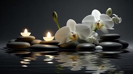 Obraz na płótnie Canvas Orchids in Water, Round Stones for SPA Salon, Relaxation, Orchid Flowers and Pebbles