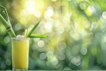 Foto op Plexiglas Sugar Cane Freshly Squeezed Juice with Sugar Cane Branches on Blurred Background, Sugarcane Juice © artemstepanov