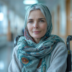 Middle-aged woman with cancer wearing head scarf sits in a wheelchair in a hospital. Created with Generative AI technology.