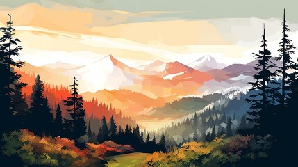 Illustration of a panorama of a forest with a mountain pattern with a pine forest in the afternoon with the sun starting to set - obrazy, fototapety, plakaty
