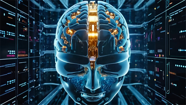  Artificial Intelligence Digital Brain bid Data. Animation of thinking process. Future technology animation, AI deep learning computer machine. 