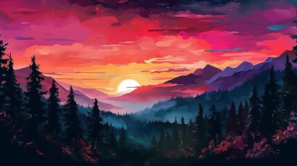 Illustration of a panorama of a forest with a mountain pattern with a pine forest in the afternoon with the sun starting to set - obrazy, fototapety, plakaty