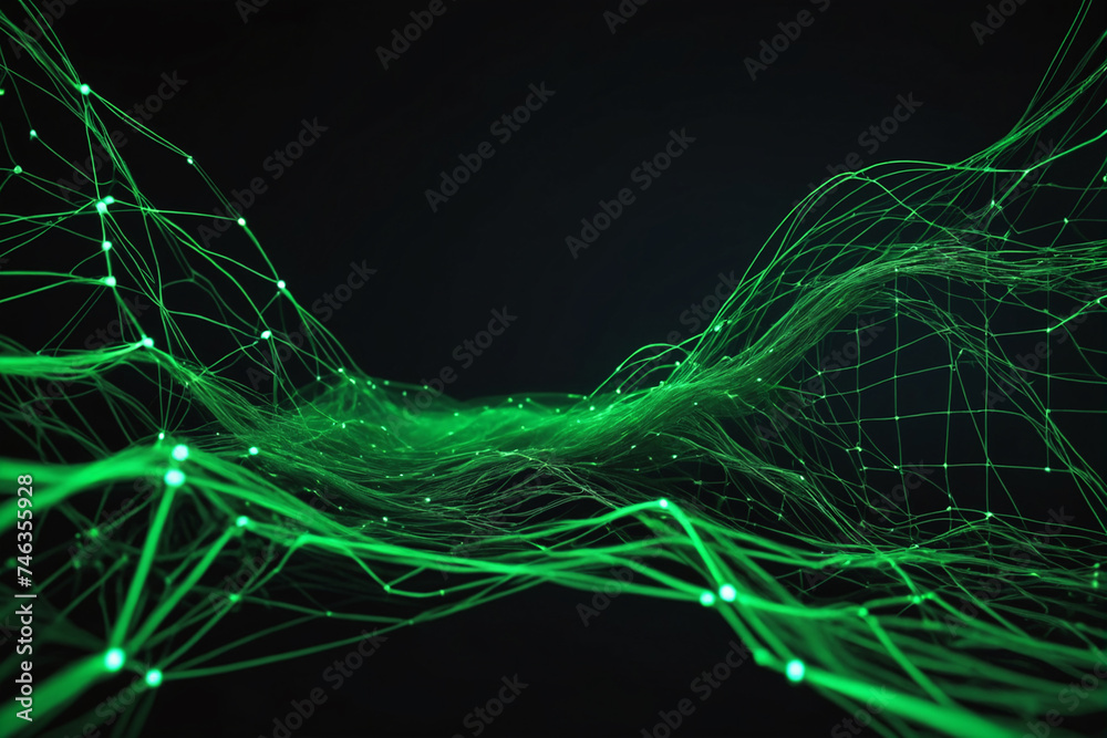 Poster Cyber big data flow. Blockchain green data fields. Network line connect stream
