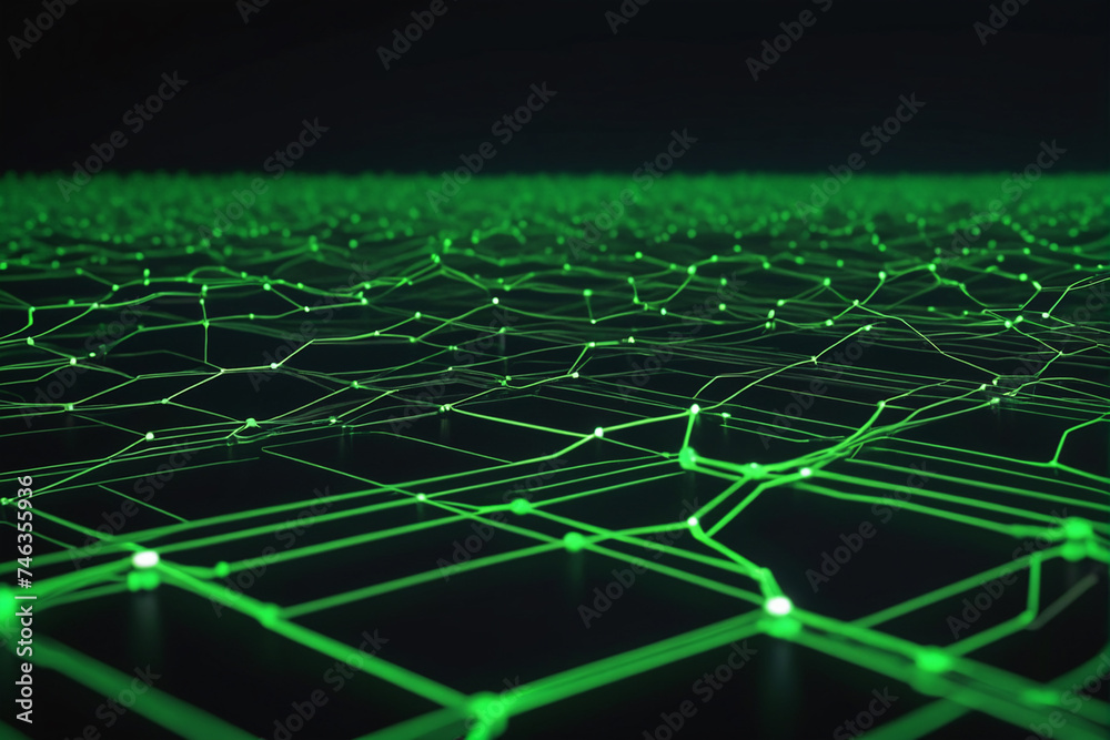Poster Cyber big data flow. Blockchain green data fields. Network line connect stream