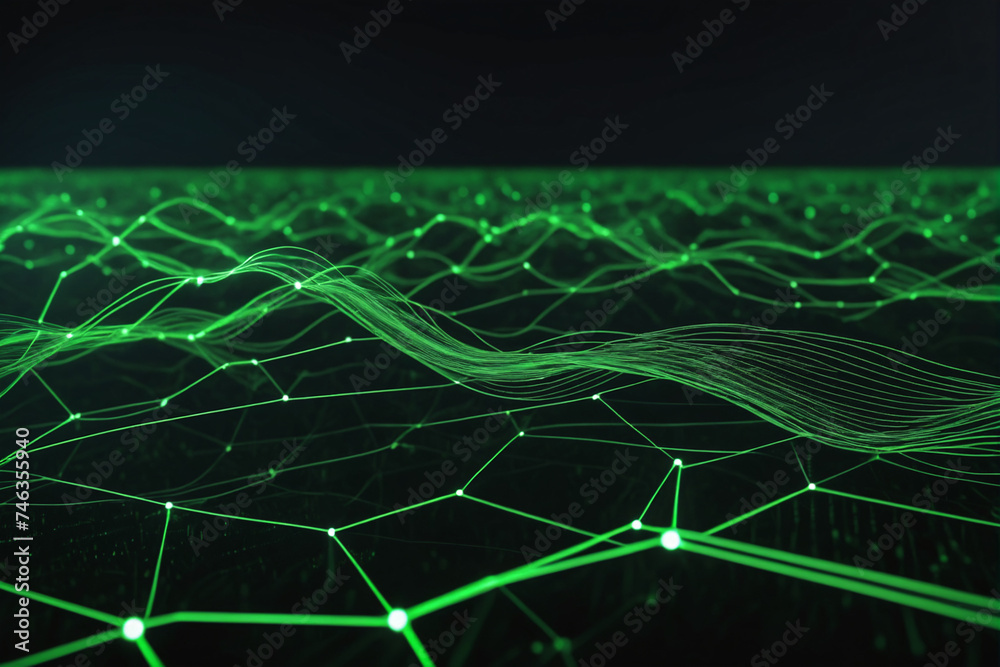 Poster Cyber big data flow. Blockchain green data fields. Network line connect stream