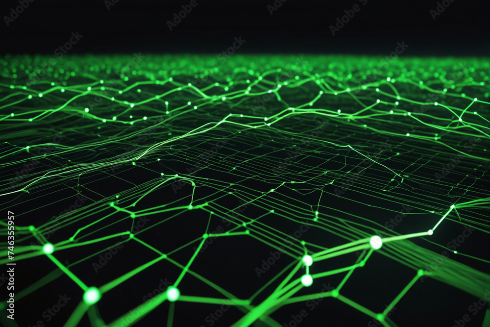 Poster Cyber big data flow. Blockchain green data fields. Network line connect stream