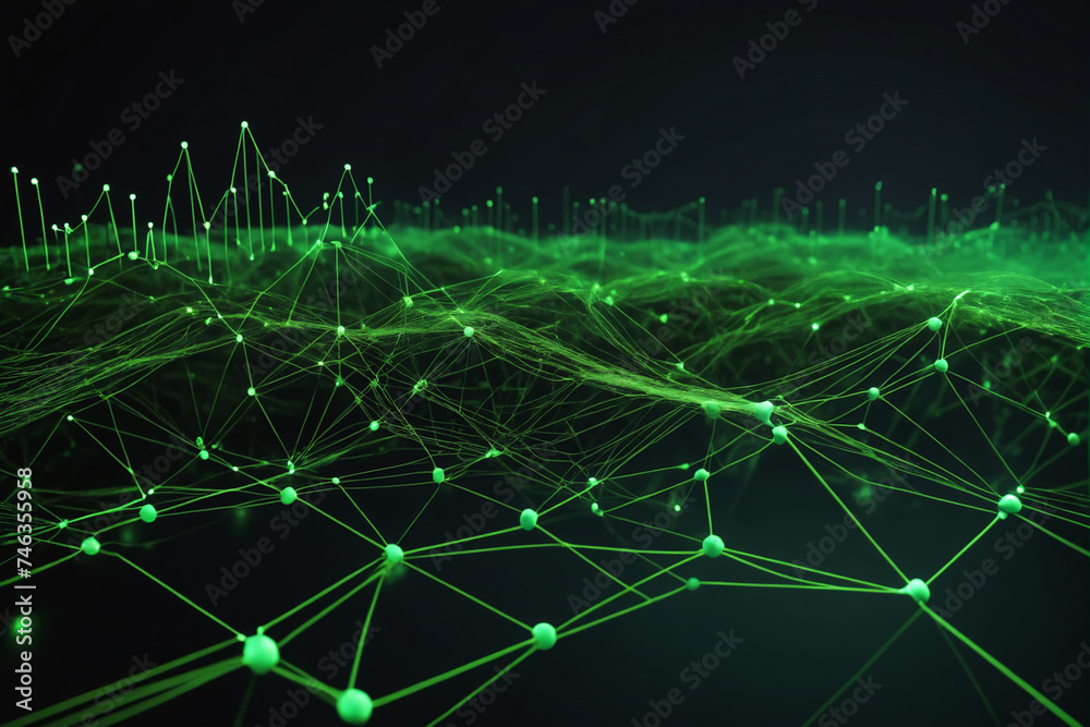 Poster Cyber big data flow. Blockchain green data fields. Network line connect stream