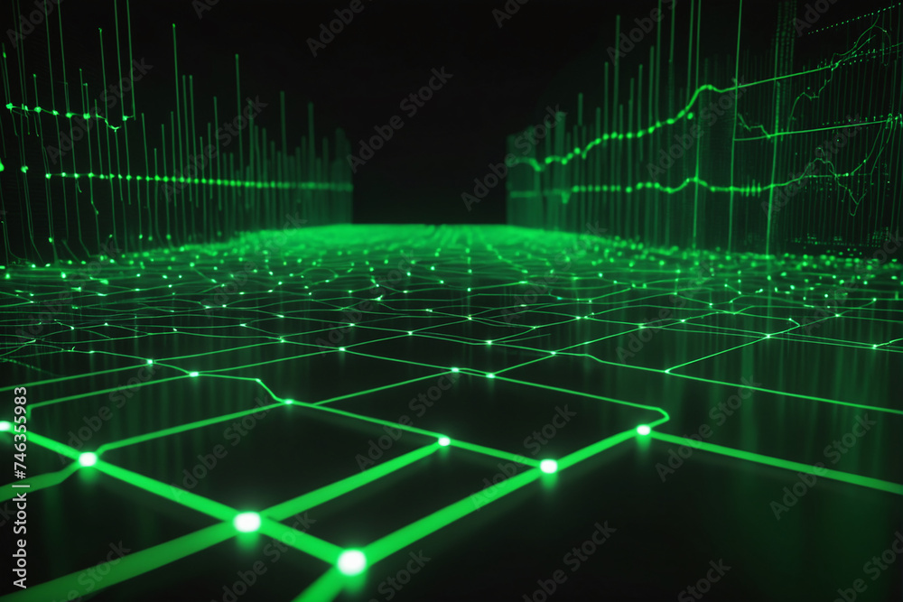 Poster Cyber big data flow. Blockchain green data fields. Network line connect stream