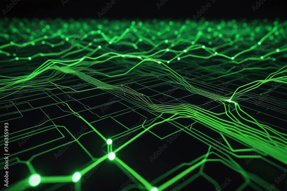 Poster Cyber big data flow. Blockchain green data fields. Network line connect stream