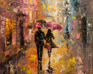 Street Scene Love Couple Colorful Oil Painting old style Drawing Technique Art HD Print 7200x5760 Neo Art V2 50