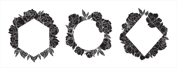 Set of vector frames of round, rectangular shape with exquisite peony flowers. Graphic silhouette on a white background. Suitable for invitations, wedding decoration, cards
