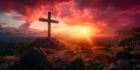 Foto op Plexiglas Majestic Sunset Behind the Christian Cross on a Rugged Hilltop Symbolizing Hope and Faith © Farnaces