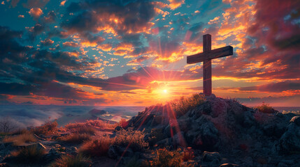 Majestic Sunset Behind the Christian Cross on a Rugged Hilltop Symbolizing Hope and Faith - obrazy, fototapety, plakaty