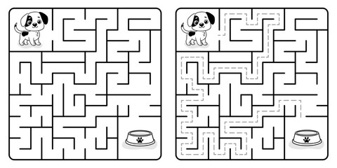 Square maze game for kids with cartoon Dog.  Puzzle Game with answer. Learning Labyrinth conundrum. Education worksheet. Activity page. Logic Games for kids. Black and white vector illustration