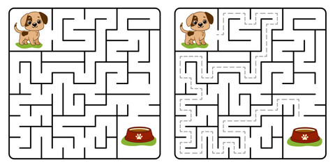 Square maze game for kids with cartoon Dog.  Puzzle Game with answer. Learning Labyrinth conundrum. Education worksheet. Activity page. Logic Games for kids.