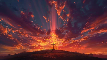 Photo sur Plexiglas Brique Majestic Sunset Behind the Christian Cross on a Rugged Hilltop Symbolizing Hope and Faith