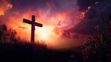Fototapeta na wymiar Majestic Sunset Behind the Christian Cross on a Rugged Hilltop Symbolizing Hope and Faith