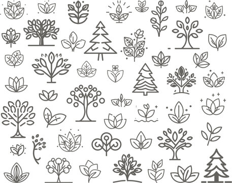 vector set of sprouts with leaves and trees in line style