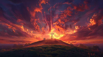 Tuinposter Majestic Sunset Behind the Christian Cross on a Rugged Hilltop Symbolizing Hope and Faith © Farnaces