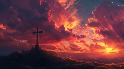Fotobehang Majestic Sunset Behind the Christian Cross on a Rugged Hilltop Symbolizing Hope and Faith © Farnaces